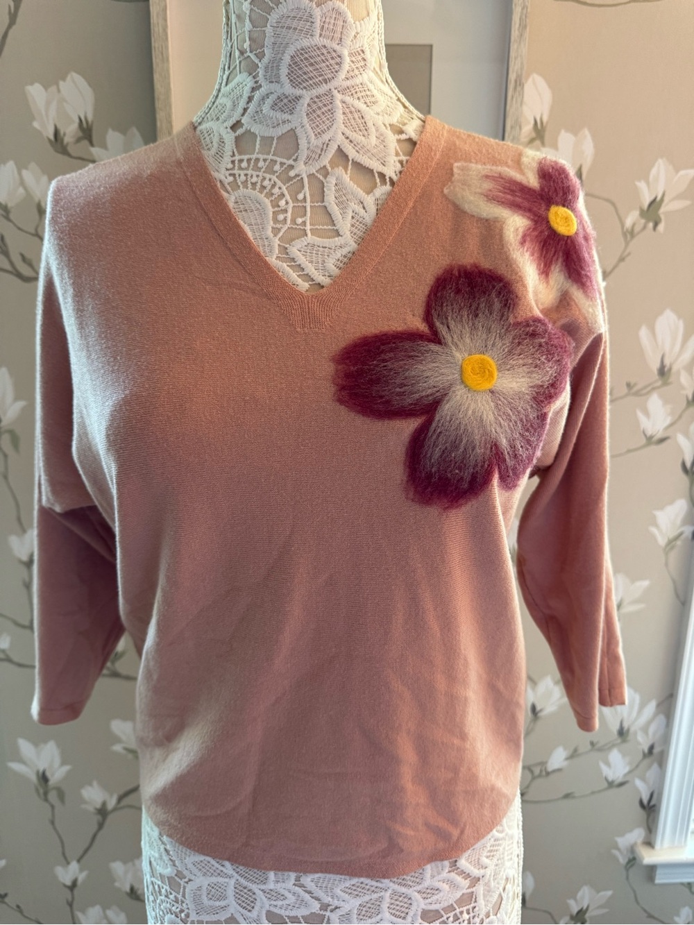 Feminine V-Neck Soft Sweater with Floral Felting — Dusty Rose